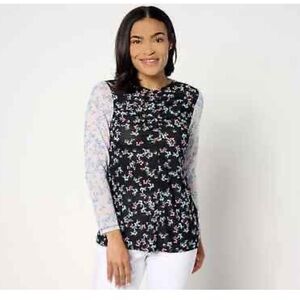 NEW LOGO Layers by Lori Goldstein Printed Mesh Ruched Top-Black-1X-A644588